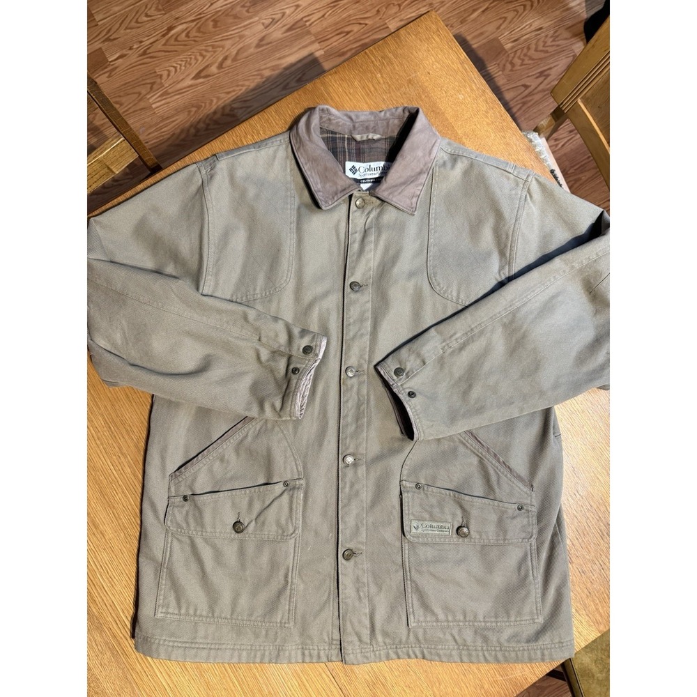 Columbia River Lodge‎ Field Jacket Mens L Canvas Plaid Lined Leather Collar